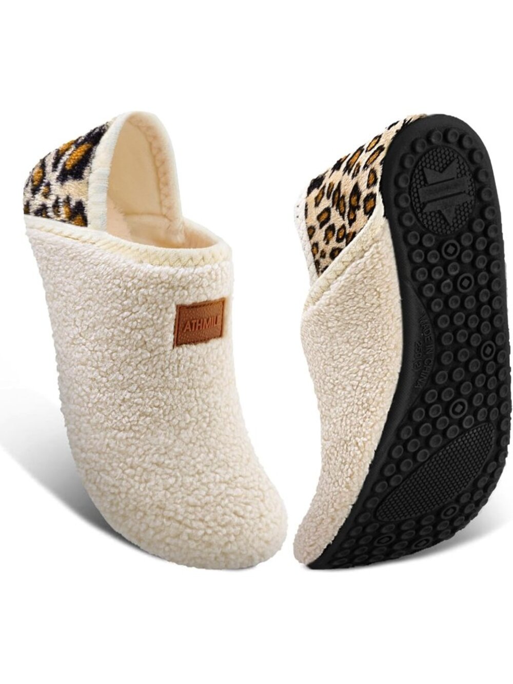 Women's Beige Leapord Barefoot Socks Furry Cozy Fleece Slip On Indoor Slippers